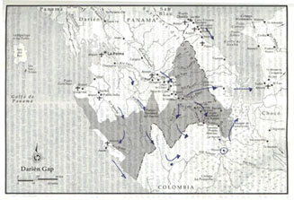Original Lonely Planet map with possible routes through the Darien sketched on