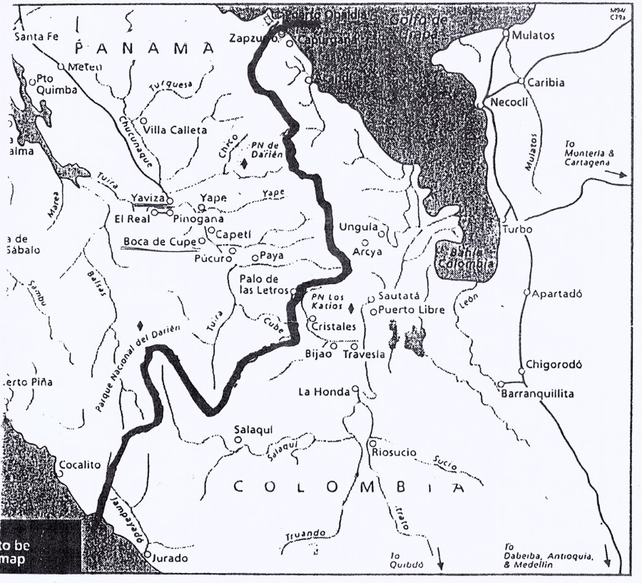 Map of the Darien Gap region showing Panama and Colombia, and the villages along the search route